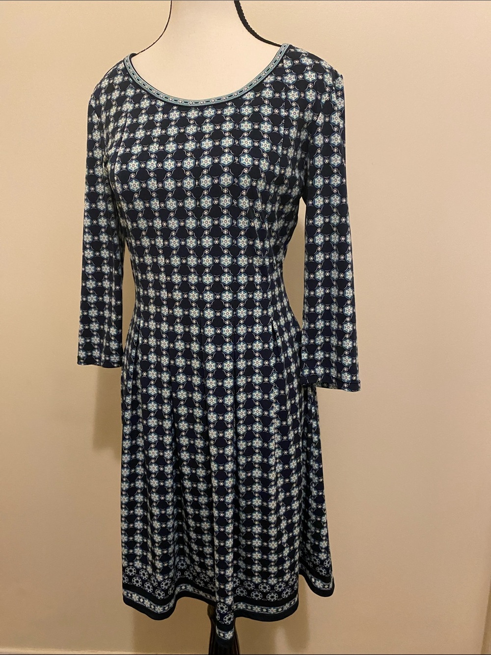 Max Studio Navy and Light Blue Patterned 3/4 length Sleeve Fit-and-Flare Dress.